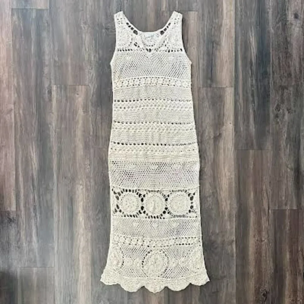 Altar'd State Pensacola Crochet Cream Maxi Dress Cover Up Sleeveless Size L/XL - Picture 2 of 9